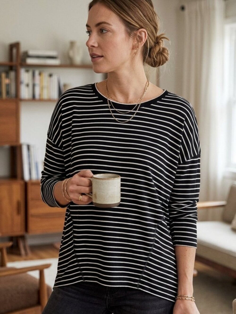 CAbi Crosswalk Tee Black White Striped Long Sleeve Shirt #4005 Small S